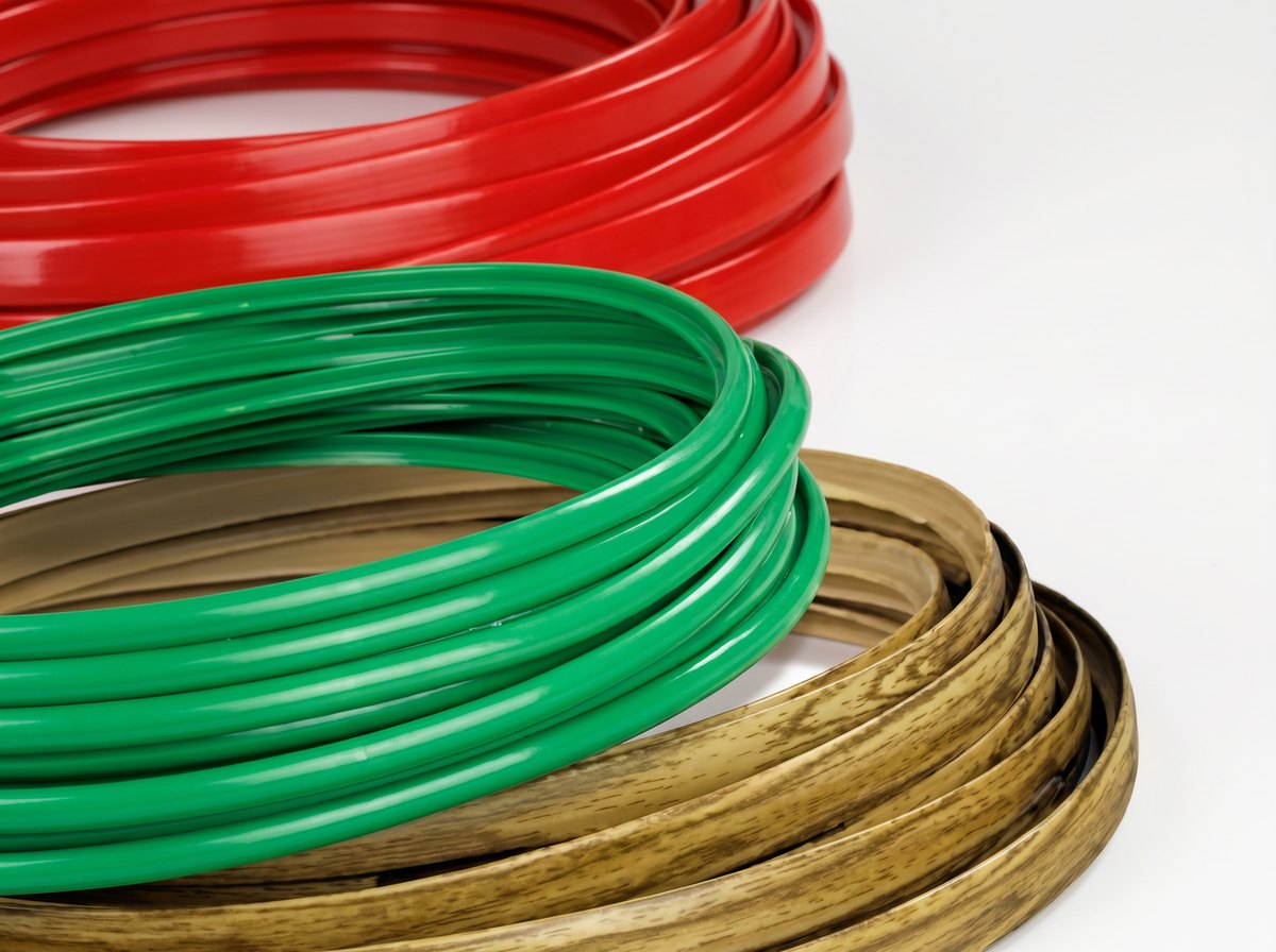 Coiled flexible T-molding edge trim in red, green, and woodgrain finishes.